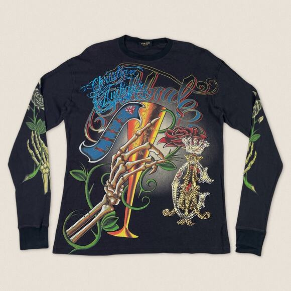 Christian Audigier Long Sleeve Graphic Henley Celebrate Life Skeleton Rose Large - Picture 1 of 13